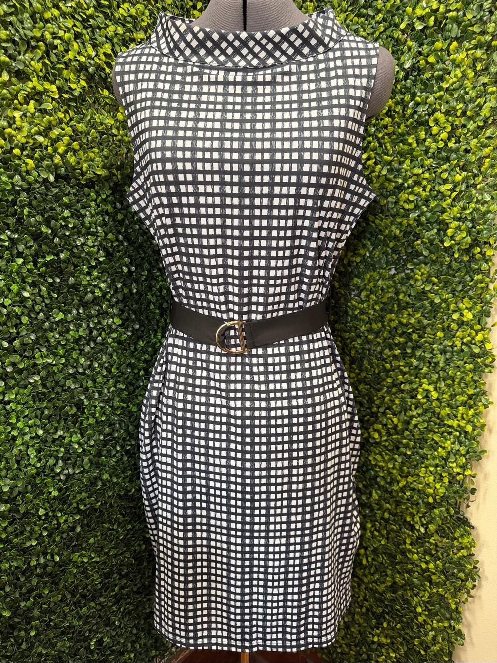 Sleeveless Black & White Check Midi Golf Dress with Belt